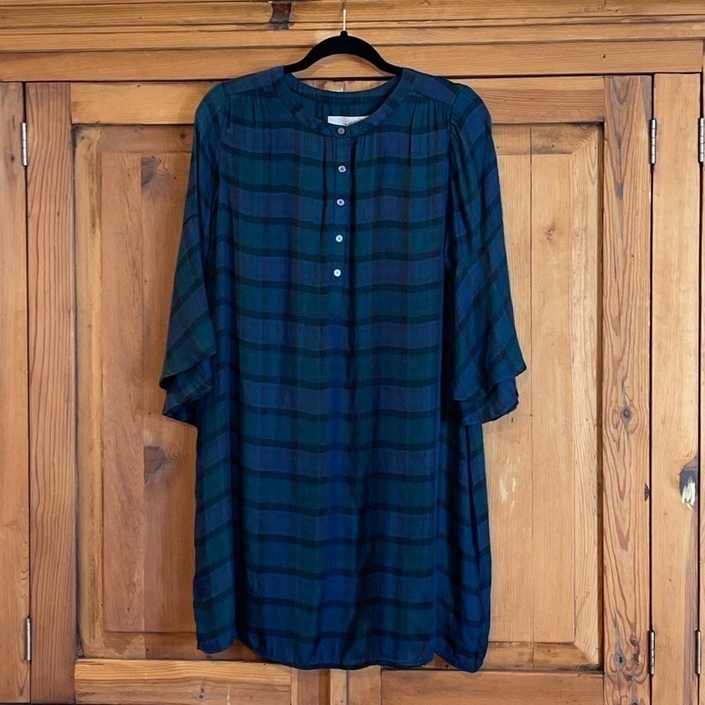 Loft soft double layered plaid mini dress flare sleeve Sz. S